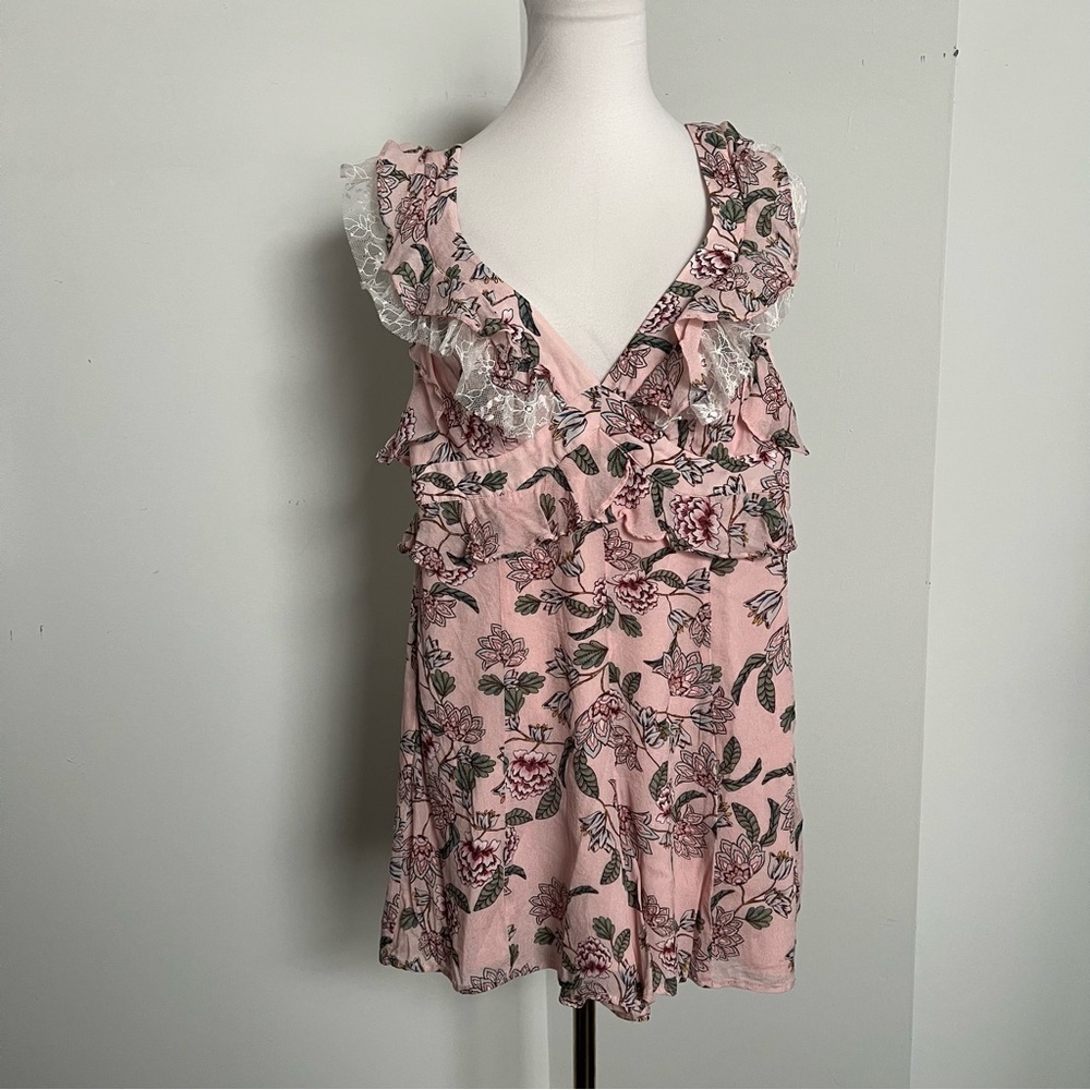 For Love & Lemons Pink Floral Lace Romper | Romantic Ruffle Mini XS - Picture 4 of 8